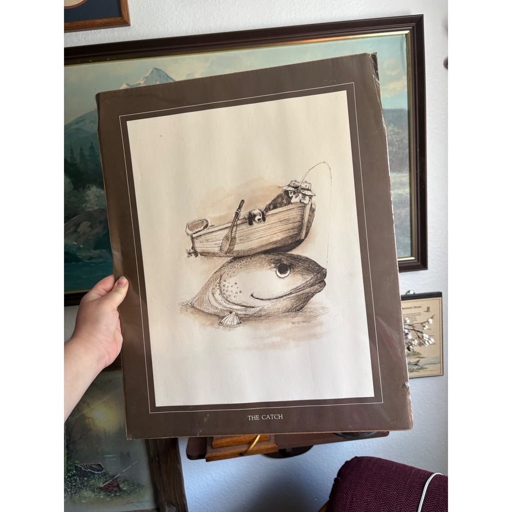Vintage Gary Patterson The Catch Fishing Art Print 1970s Thought Factory 14x20